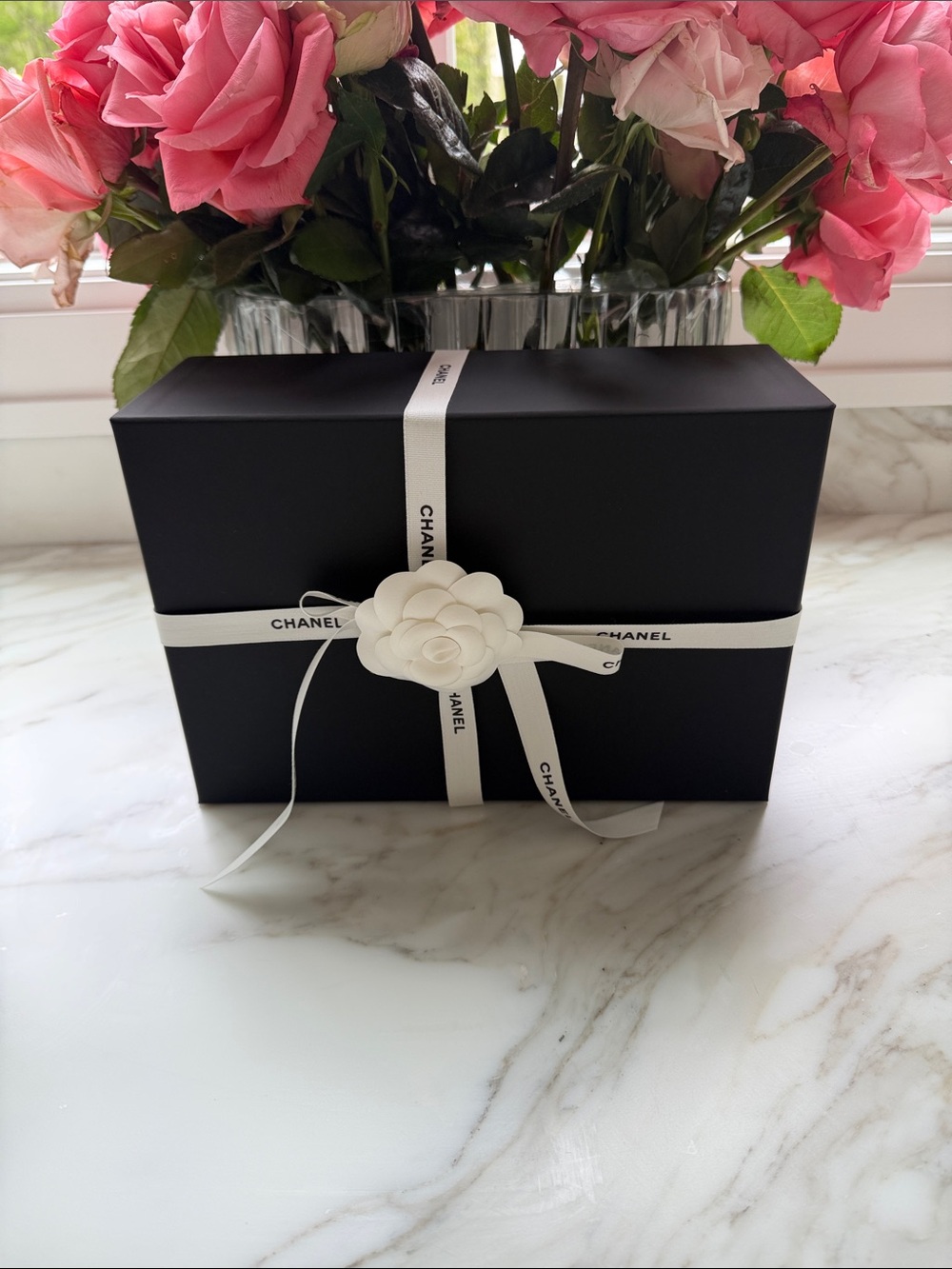 CHANEL Black Box with White Ribbon and Camellia